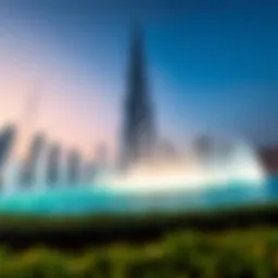 Spectacular view of Burj Khalifa fountains during the evening light show