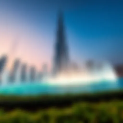 Spectacular view of Burj Khalifa fountains during the evening light show