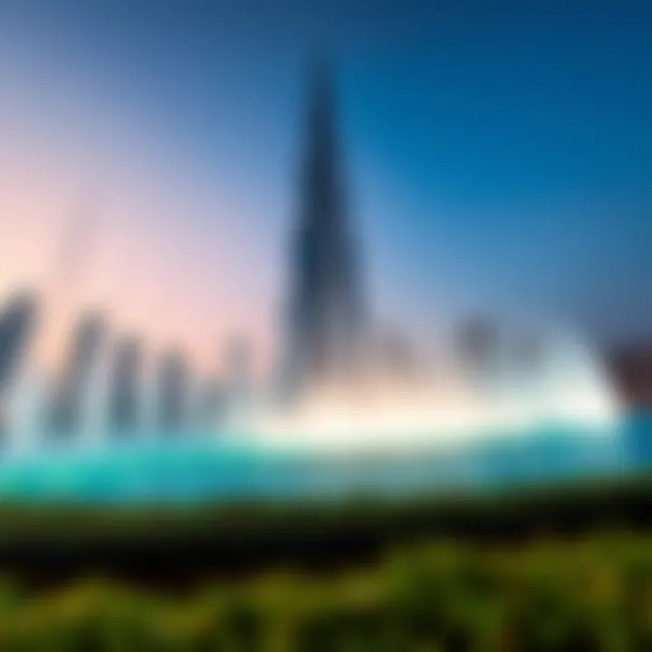 Spectacular view of Burj Khalifa fountains during the evening light show