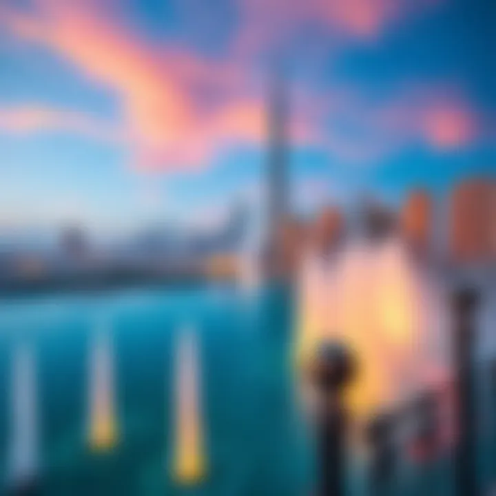 A panoramic shot showcasing the Burj Khalifa fountains with the skyline