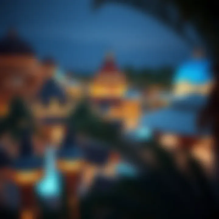 Various international pavilions illuminated at night