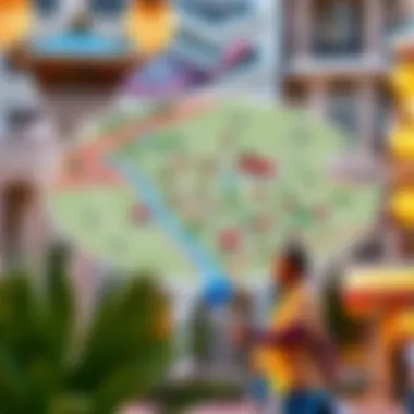 A detailed map highlighting the various zones within Global Village.