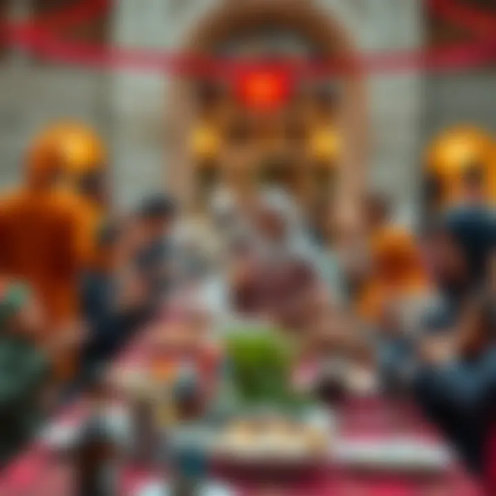A vibrant gathering of families and friends enjoying iftar together.