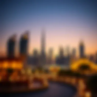 Dubai at Dusk: The Iftar Experience in the City The skyline of Dubai illuminated at sunset, symbolizing the start of iftar.
