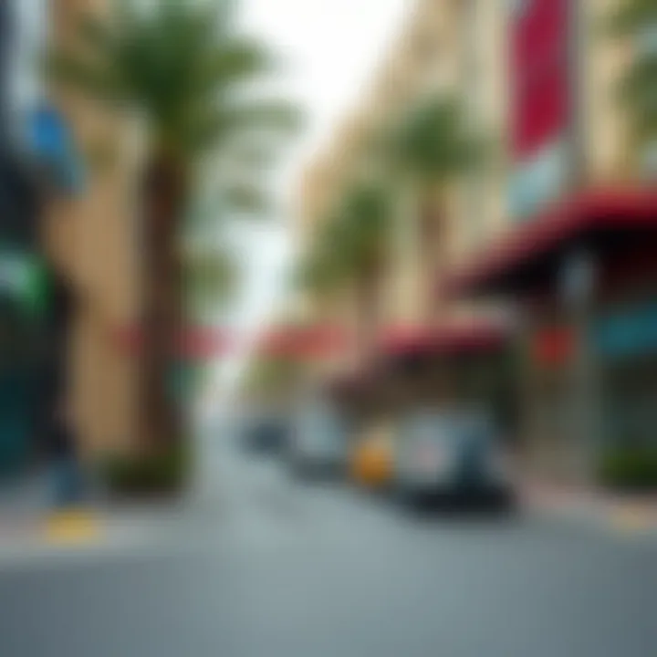 Vibrant streetscape of Nad Al Hammer with commercial establishments
