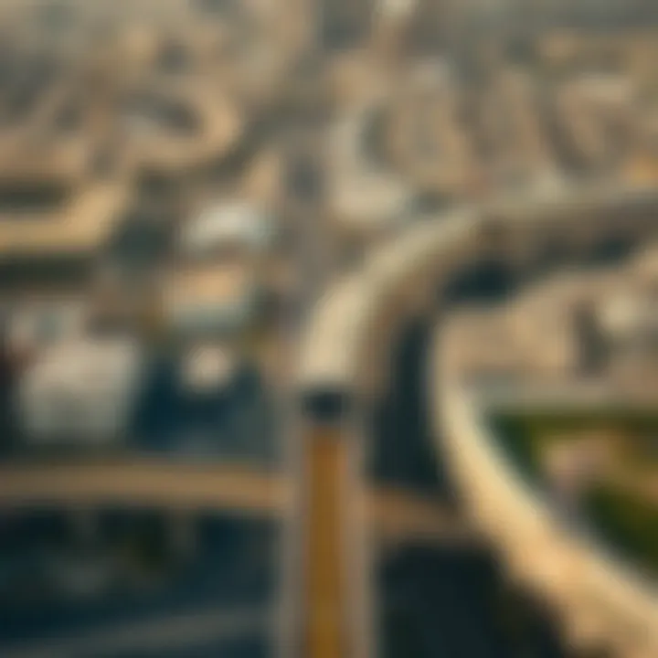 Aerial Perspective of Metro Connectivity in Al Seef Aerial view of Dubai showing metro lines and Al Seef area