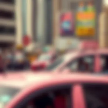 A pink taxi in motion on Dubai's busy streets