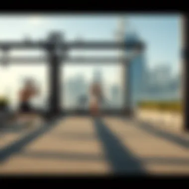 An expansive outdoor workout space with stunning city views
