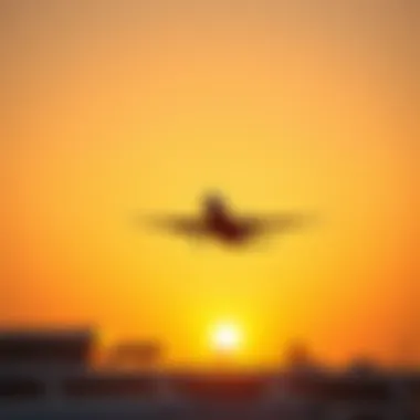 Plane Taking Off from Ras Al Khaimah Airport A plane taking off from Ras Al Khaimah Airport against a sunset backdrop