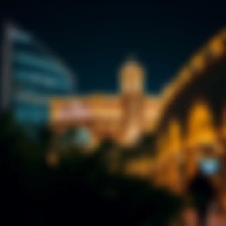 Nighttime illumination of Souq Al Kabeer building against the vibrant city lights