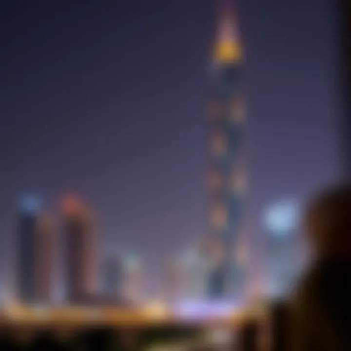 Night view of Al Thuraya Tower illuminated against the Dubai skyline