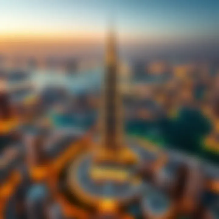 Aerial perspective of The Palm Tower within Dubai's vibrant skyline