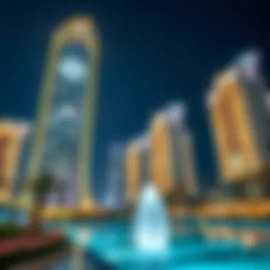 Illuminated Palm Tower at Night Night view of The Palm Tower illuminated, reflecting Dubai's opulence
