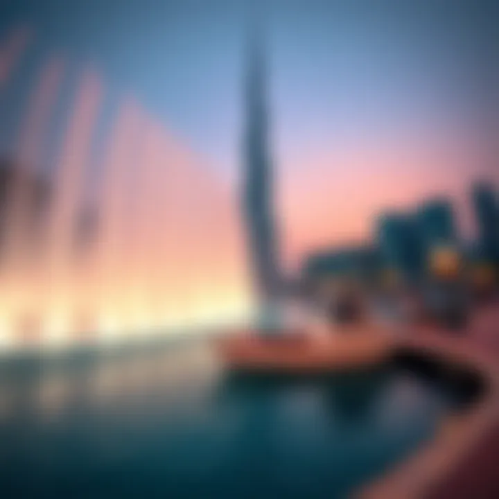 View of Dubai Fountain show with the Burj Khalifa in the background