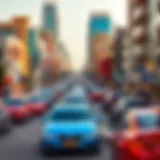 A panoramic view of Dubai showcasing vibrant streets filled with parked cars during Free Parking Day.