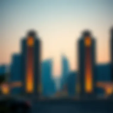 Salik Gates Illuminated in the Cityscape Salik gates in Dubai at twilight