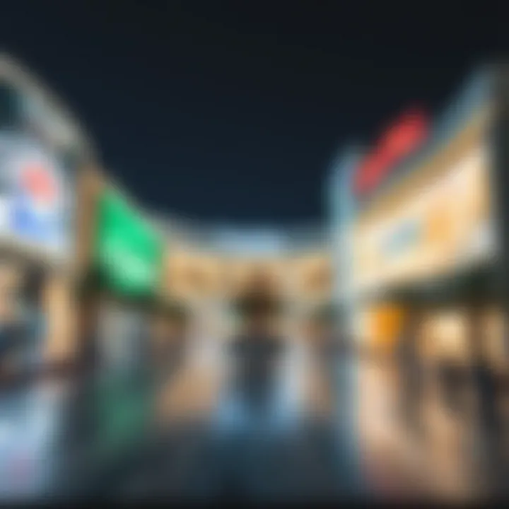 A tranquil scene of Dubai Mall's exterior at night, highlighting its unique lighting